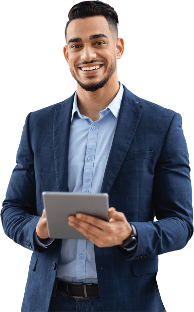 smiley man holding a tablet